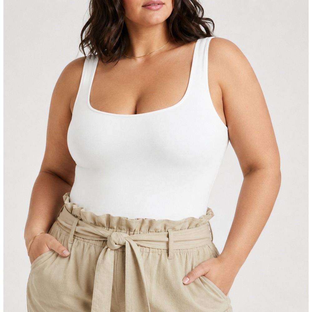 White Square Neck Bodysuit‎ Sleeveless Tank Top XXL Plus Size Minimalist Basic